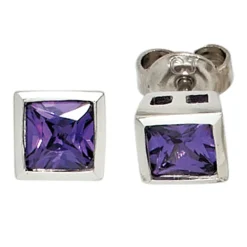 Ohrstecker Ohrringe aus 925 Silber mit Zirkonia lila quadratisch Damen
