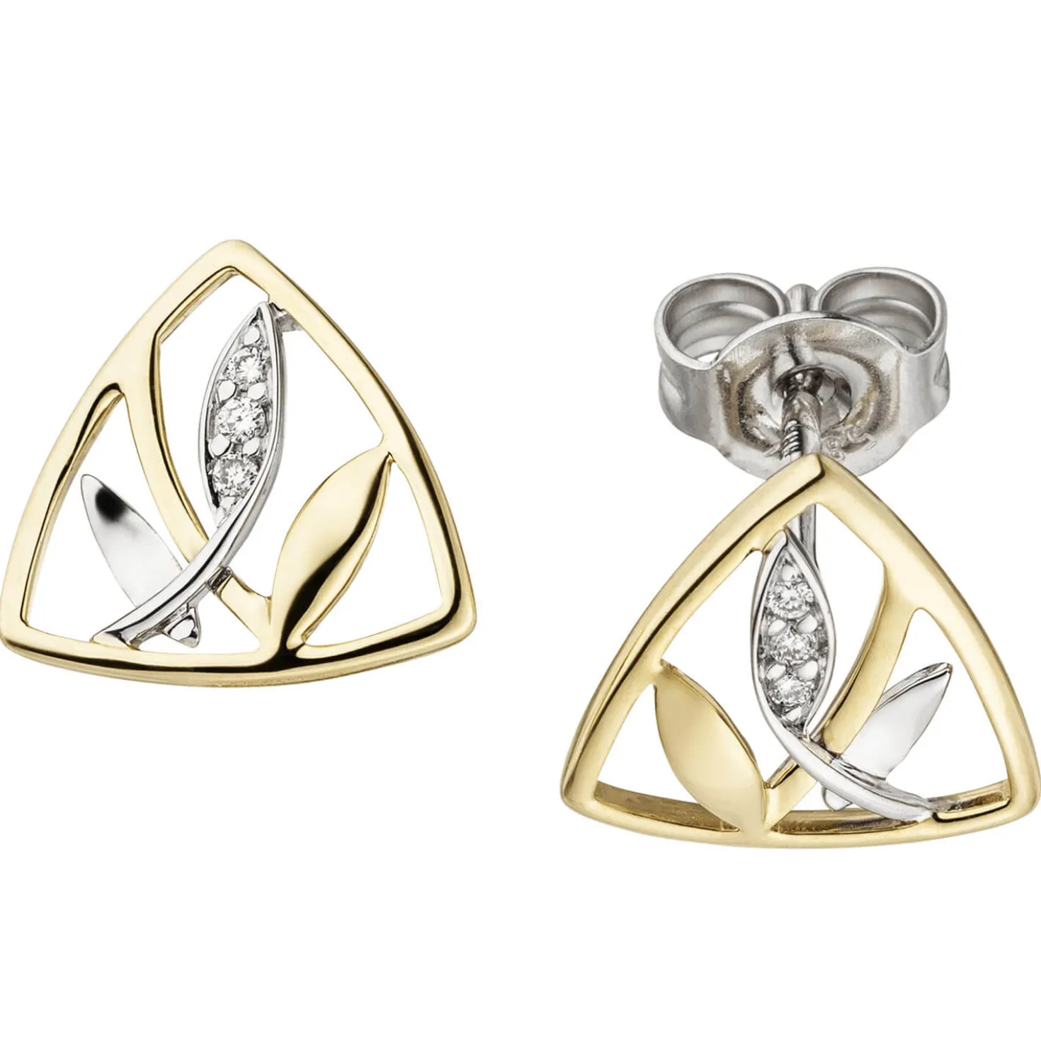 Ohrstecker Ohrringe Blätter mit 6 Diamanten 0.03Ct 585 Gelbgold Weißgold