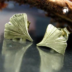 Ohrstecker Ohrringe Ginkgoblatt mit Struktur glänzend 375 Gold Gelbgold