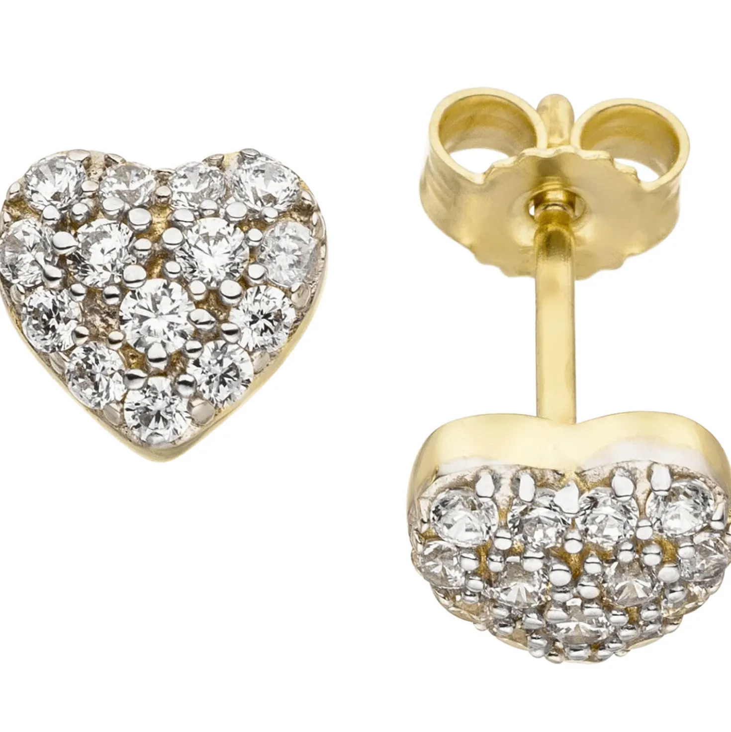 Ohrstecker Ohrringe Herz Herzchen mit weißen Zirkonia, 375 Gold Gelbgold bicolor