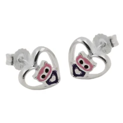 Ohrstecker Ohrringe, kleine Eule im Herz, lila lackiert, 925 Silber