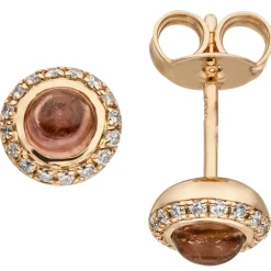 Ohrstecker Ohrringe mit Turmalin-Cabochon 32 Diamanten 0.1Ct 585 Rotgold