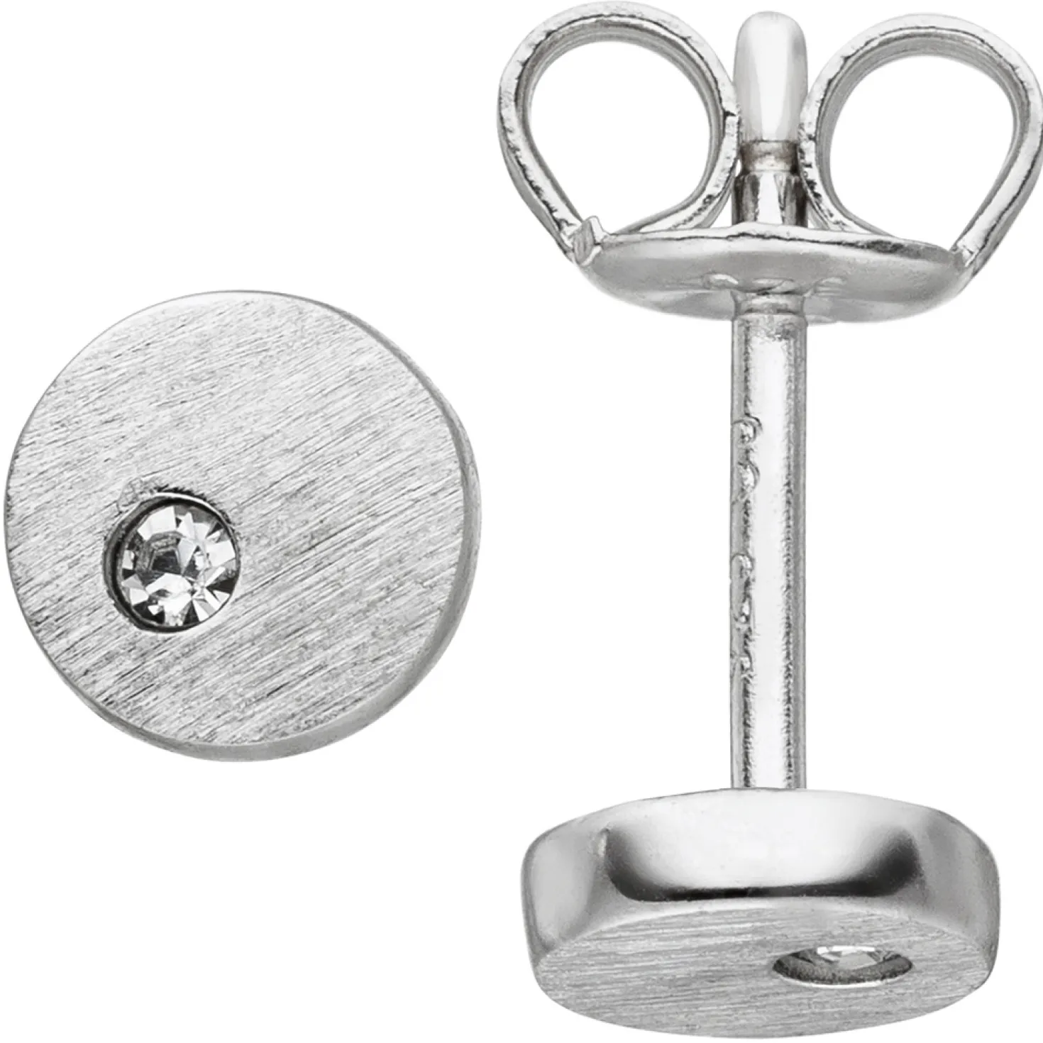 Ohrstecker Ohrringe mit weißen Zirkonia 925 Silber mattiert flach rund schlicht