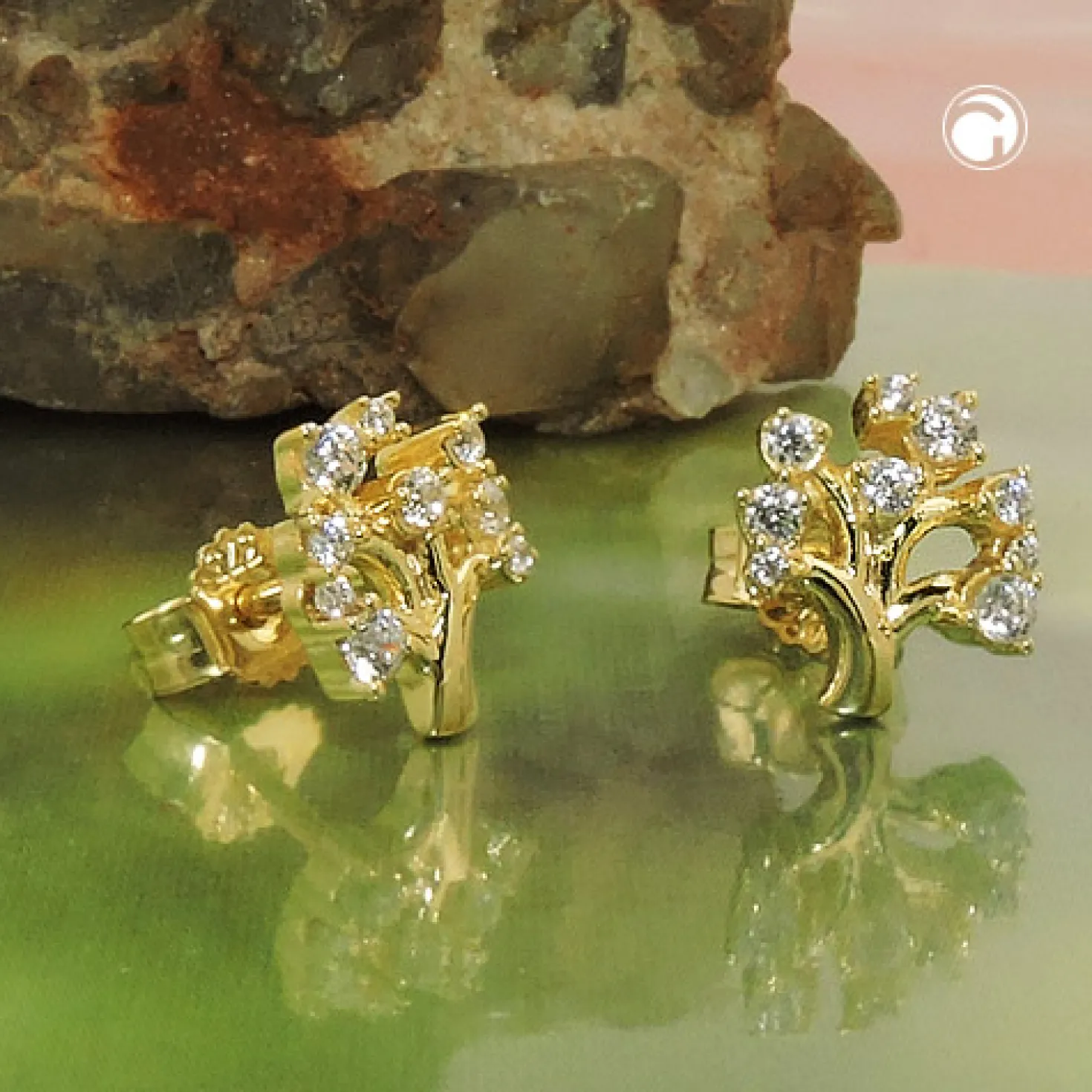 Ohrstecker Ohrringe Ohrschmuck, Baum mit weißen Zirkonia, 375 Gold Gelbgold