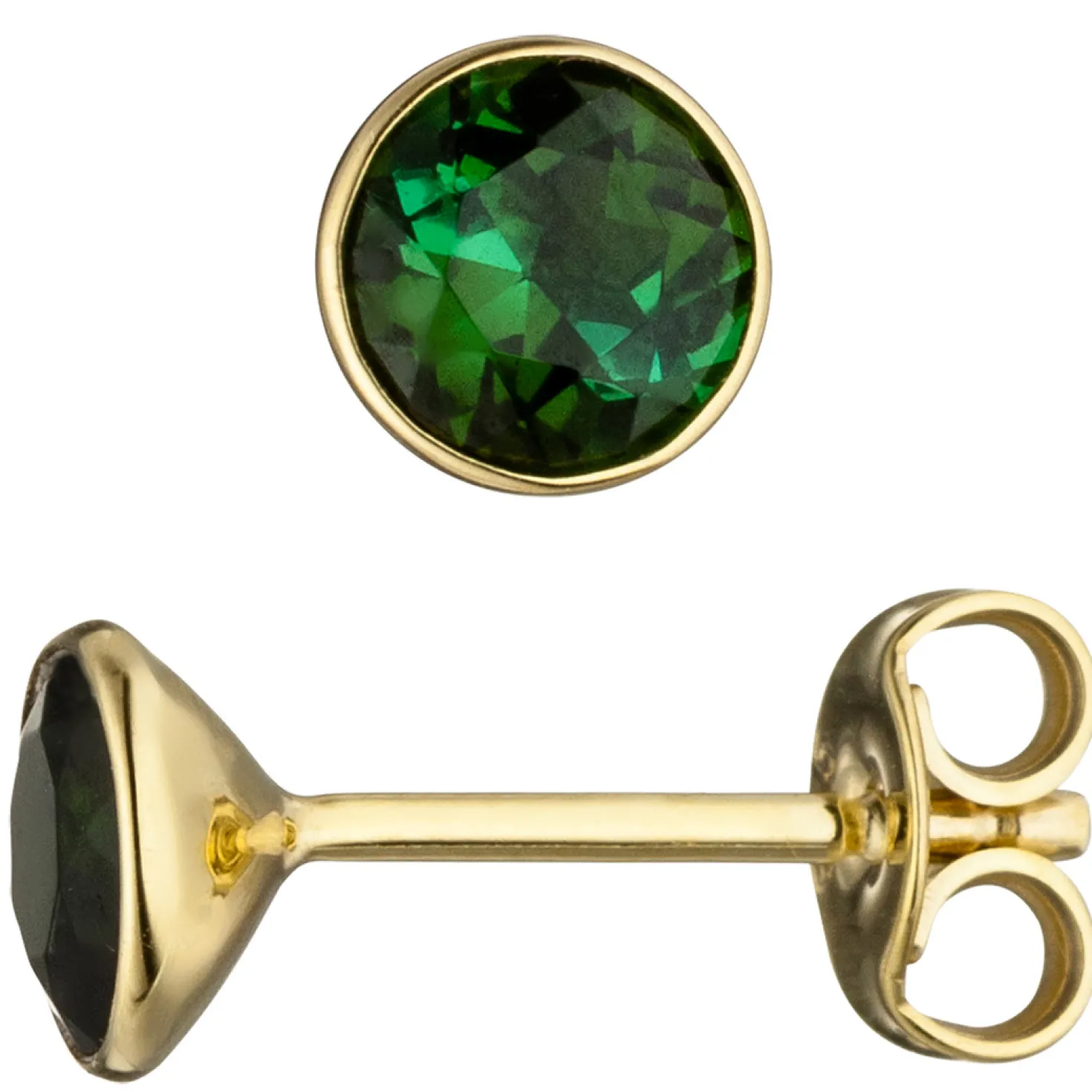 Ohrstecker Ohrringe Ohrschmuck, grüne runde Turmaline, umrahmt in 585 Gelbgold