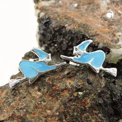 Ohrstecker Ohrringe Ohrschmuck, Hexe auf dem Besen, blau lackiert, 925 Silber