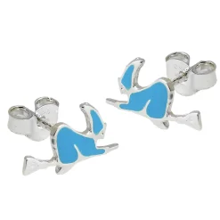 Ohrstecker Ohrringe Ohrschmuck, Hexe auf dem Besen, blau lackiert, 925 Silber