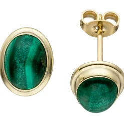Ohrstecker Ohrringe Ohrschmuck, ovale Malachite grün, 585 Gold Gelbgold Damen