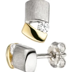 Ohrstecker Ohrringe Ohrschmuck Zirkonia weiß, 925 Silber teilvergoldet mattiert