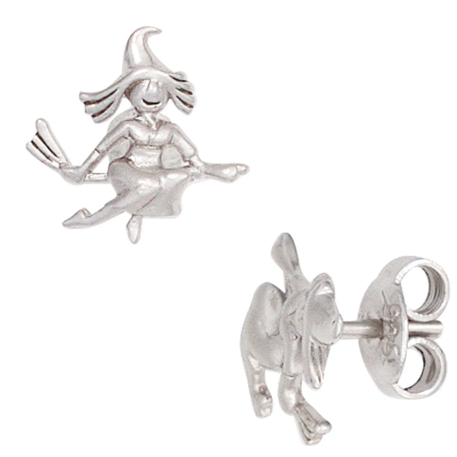 Ohrstecker Ohrringe Stecker fliegende Hexe 925 Silber teilmatt, Kinder