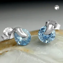 Ohrstecker Ohrschmuck, Aquamarin, Solitär, rund hellblau facettiert, 925 Silber