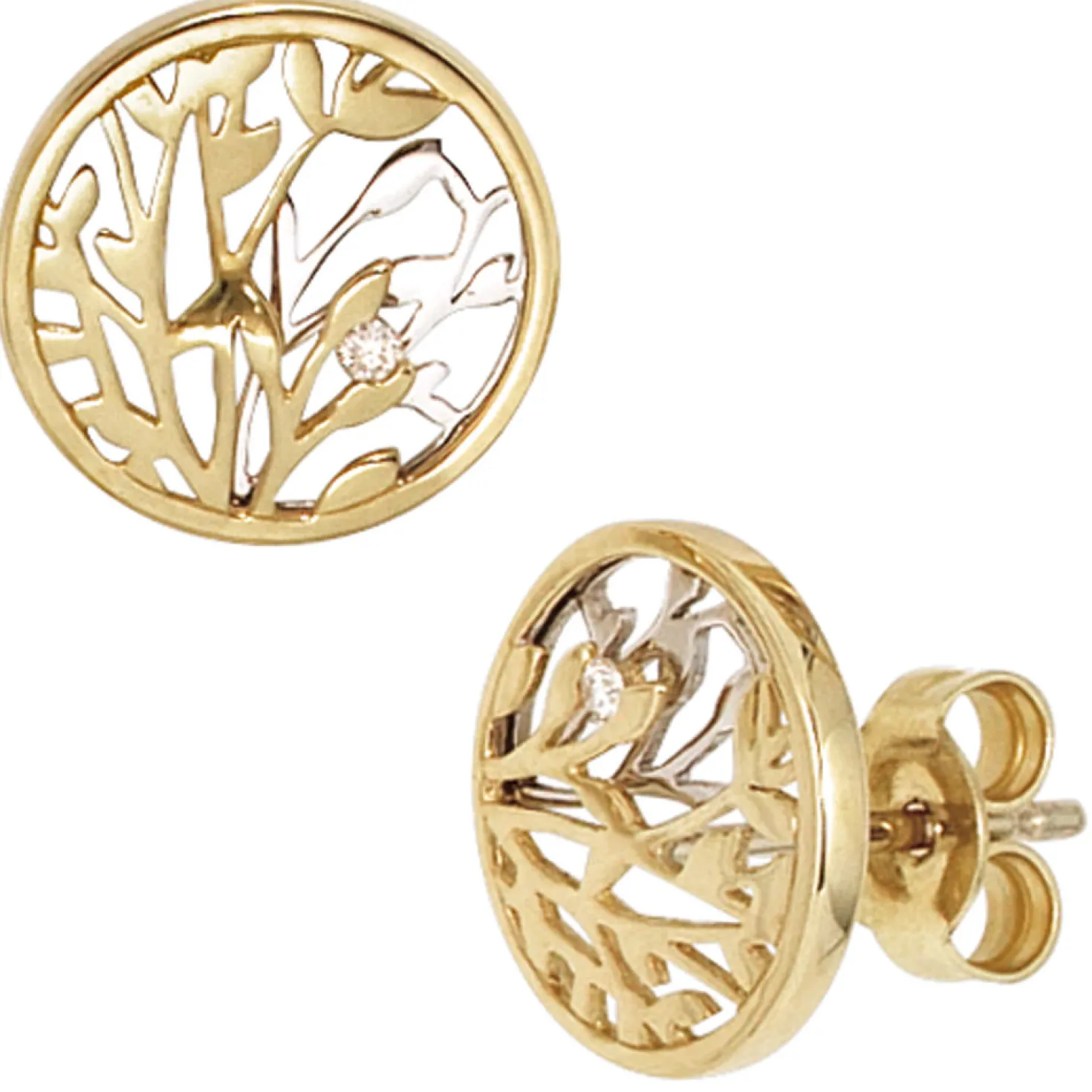 Ohrstecker Ohrschmuck Blumen Diamanten 0.02Ct W/SI Brillanten 585 Gold gelb/weiß