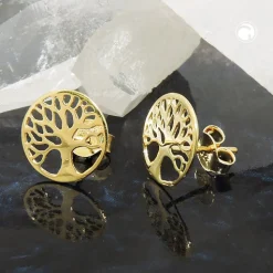 Ohrstecker Ohrschmuck 10mm Lebensbaum glänzend, rund, 375 Gold Gelbgold