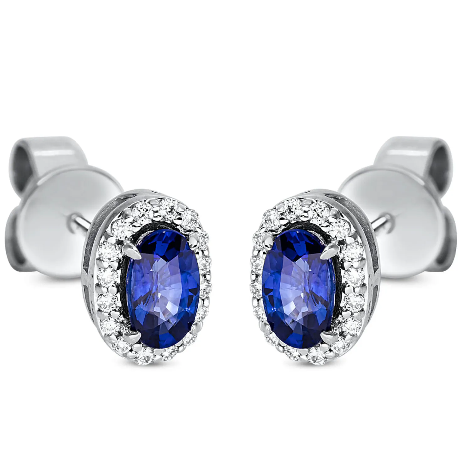 Ohrstecker Oval aus 750 Weißgold 2 Saphire 0,64ct blau 32 Brillanten 0,09ct TW-SI