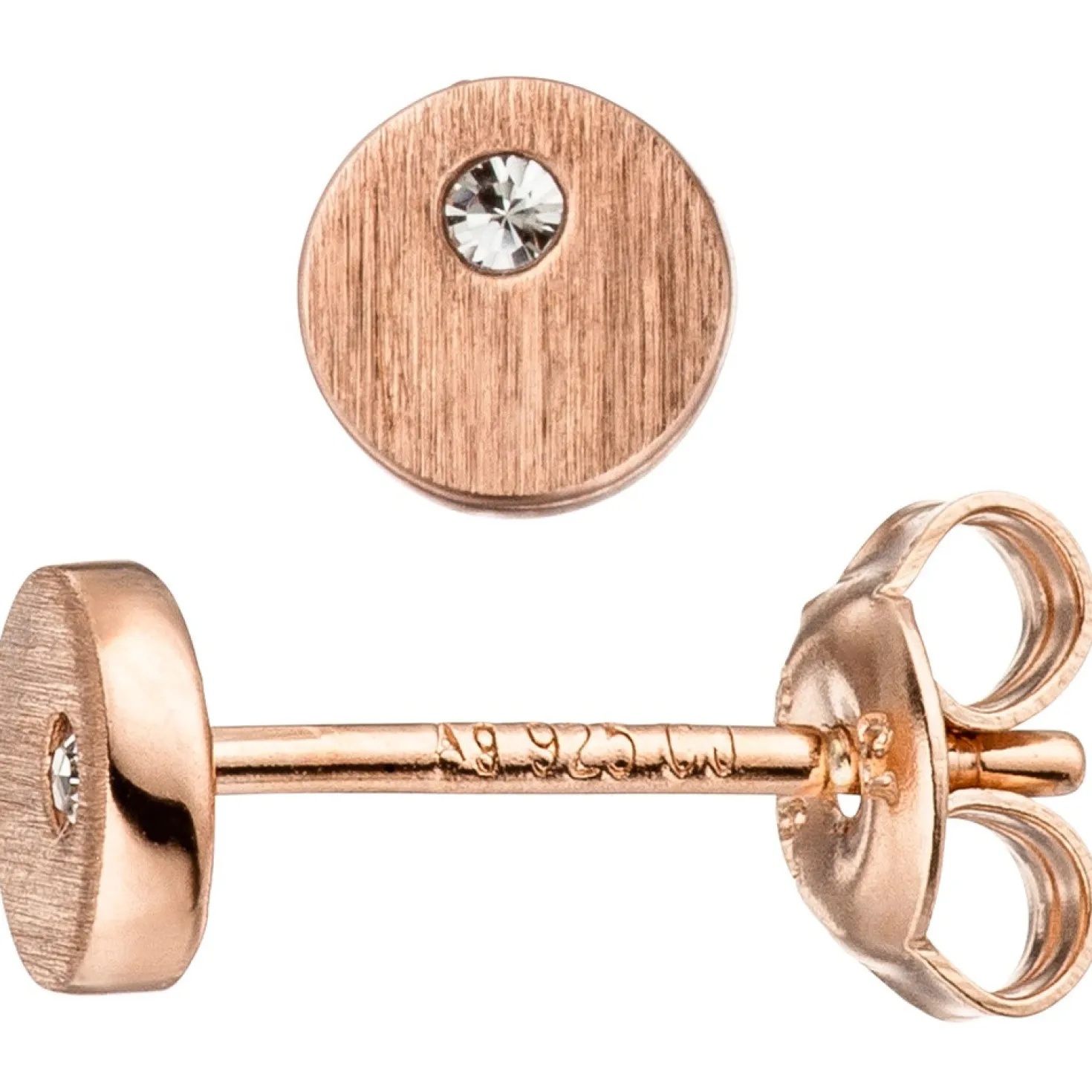 Ohrstecker rund mit Zirkonia 925 Silber rotgold vergoldet matt gebürstet Damen