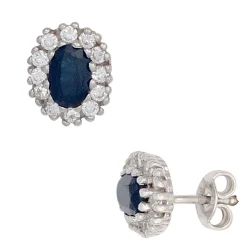 Ohrstecker Safir Saphir blau & Zirkonia rundum weiß 925 Silber oval