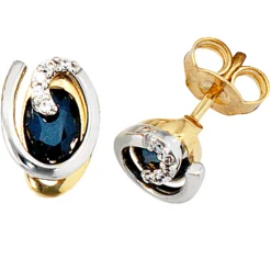 Ohrstecker Saphir & 10 Diamanten 0.04Ct 585 Gelbgold & Weißgold Damen