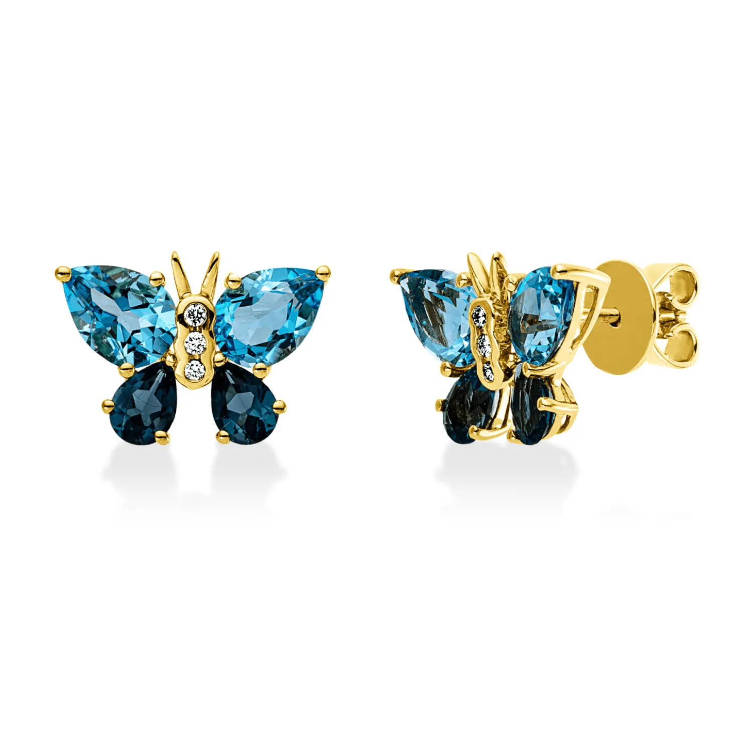 Ohrstecker Schmetterling aus 750 Gelbgold 8 Topase 4,6ct London Blue mit Brillanten