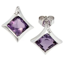 Ohrstecker Stecker Amethyst & 4 Diamanten 0.02Ct W/SI Brillanten 585 Weißgold