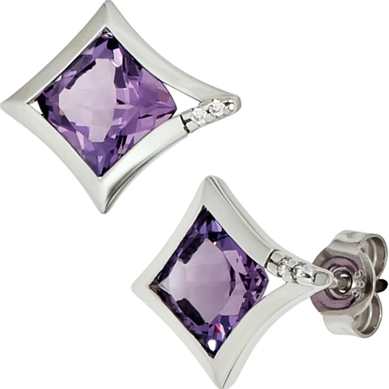 Ohrstecker Stecker Amethyst & 4 Diamanten 0.02Ct W/SI Brillanten 585 Weißgold