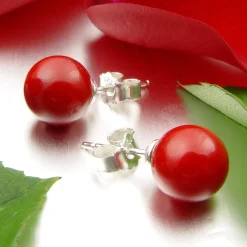 Ohrstecker Stecker aus Koralle Kugel Ø 8mm & 925 Silber Ohrschmuck rot