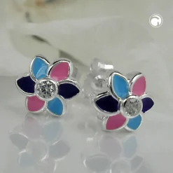 Ohrstecker Stecker Blume Blumen 925 Silber multicolor blau-lila-pink