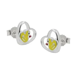 Ohrstecker Stecker, kleine Ente im Herz, gelb lackiert, 925 Silber