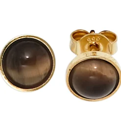 Ohrstecker Stecker mit Tigerauge braun 6,8mm rund 333 Gold Gelbgold