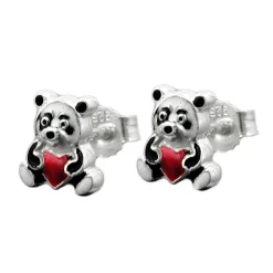 Ohrstecker Stecker Panda Bär mit Herz farbig lackiert, 925 Silber