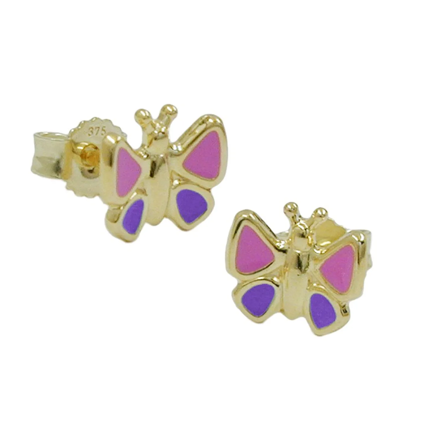 Ohrstecker Stecker Schmetterling, 375 Gold Gelbgold, pink lila, Kinder
