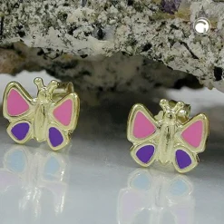 Ohrstecker Stecker Schmetterling, 375 Gold Gelbgold, pink lila, Kinder