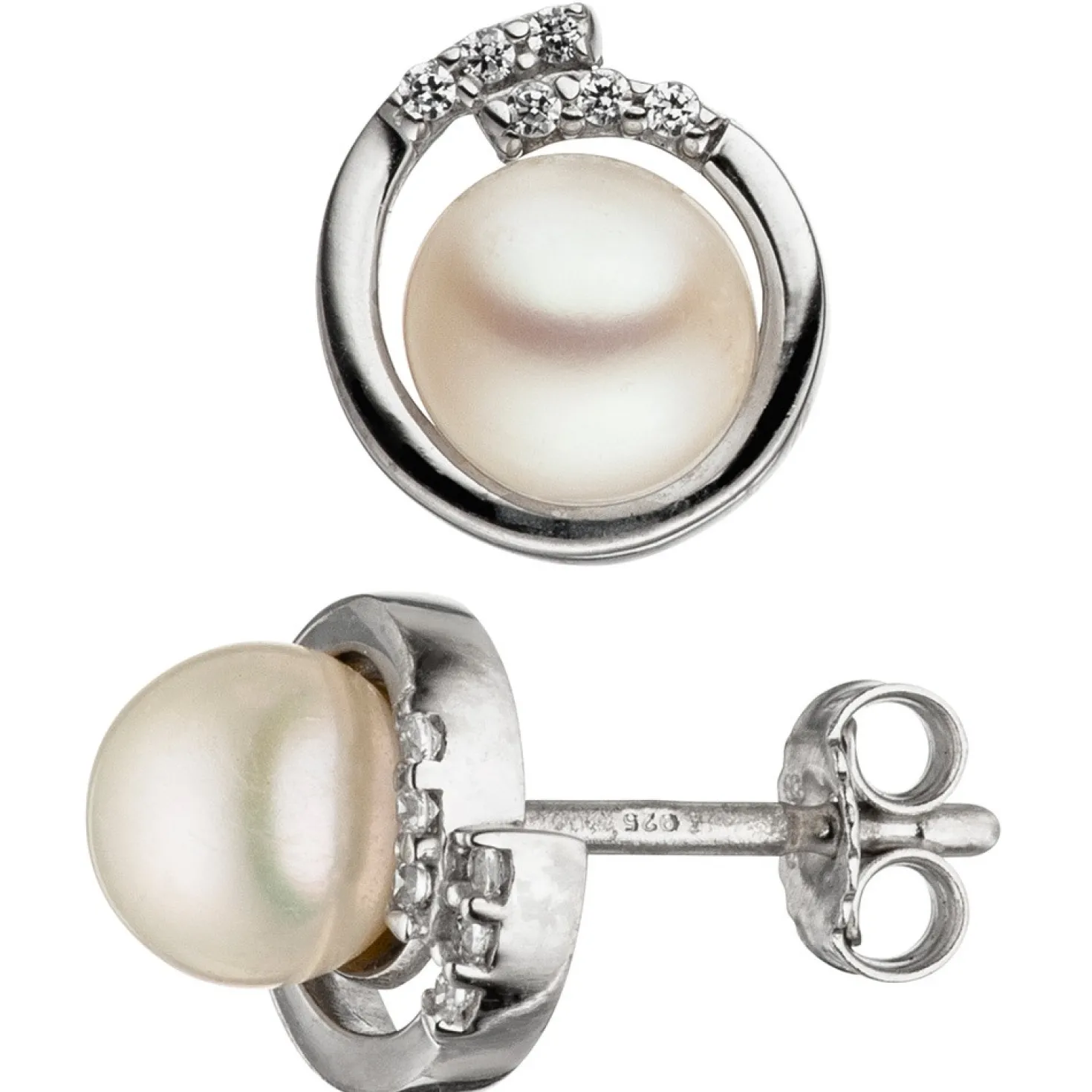 Ohrstecker Süßwasser Perlen Zuchtperlen weiß & Zirkonia, 925 Silber Ohrschmuck