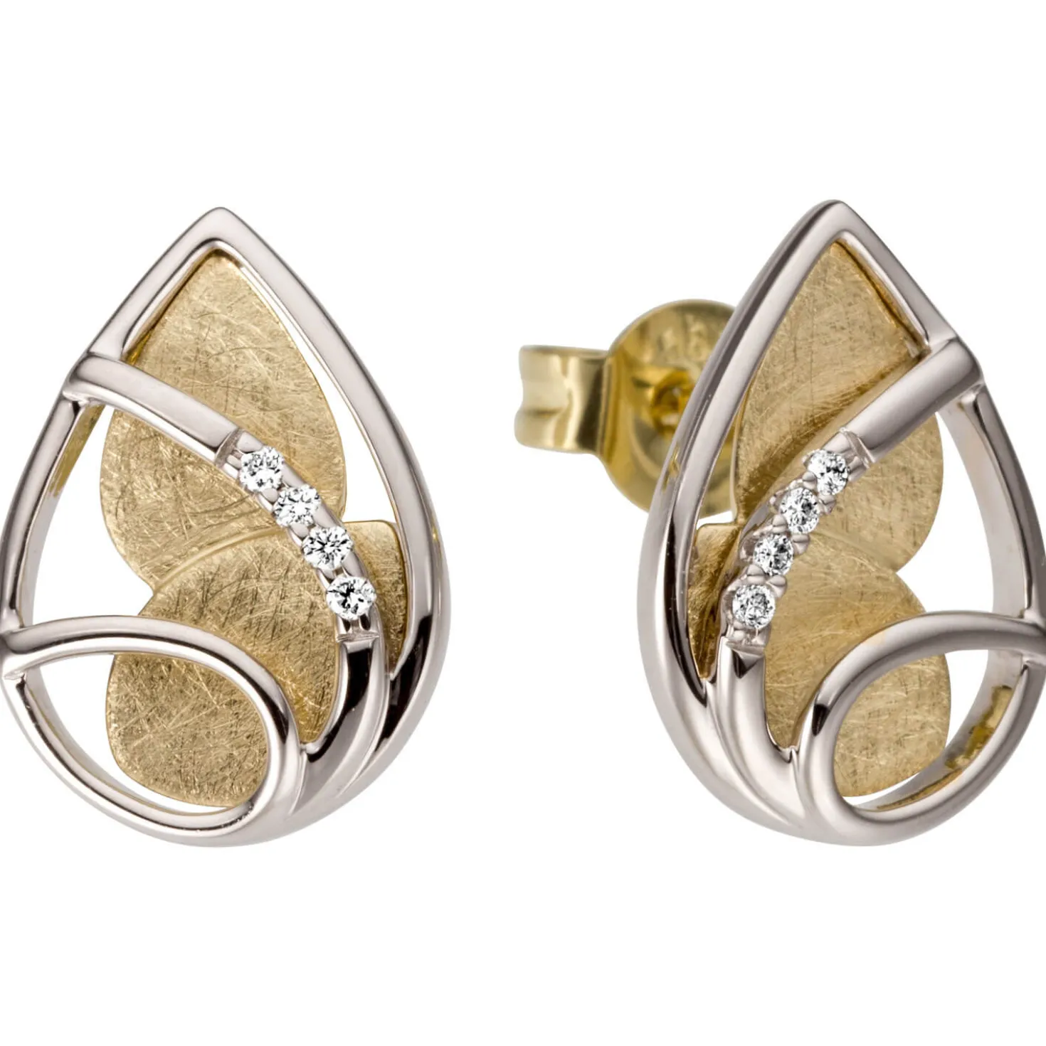 Ohrstecker Tropfen 585 Gold Gelbgold & Weißgold 8 Diamanten 0.04Ct