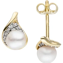 Ohrstecker weiße Süßwasser-Perlen Zirkonia 375 Gold Gelbgold Ohrringe Ohrschmuck