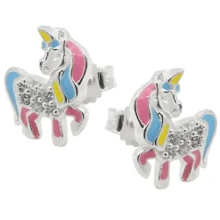 Ohrstecker 10x8mm Kinderohrringe Einhorn, farbige Einlagen Zirkonia 925 Silber