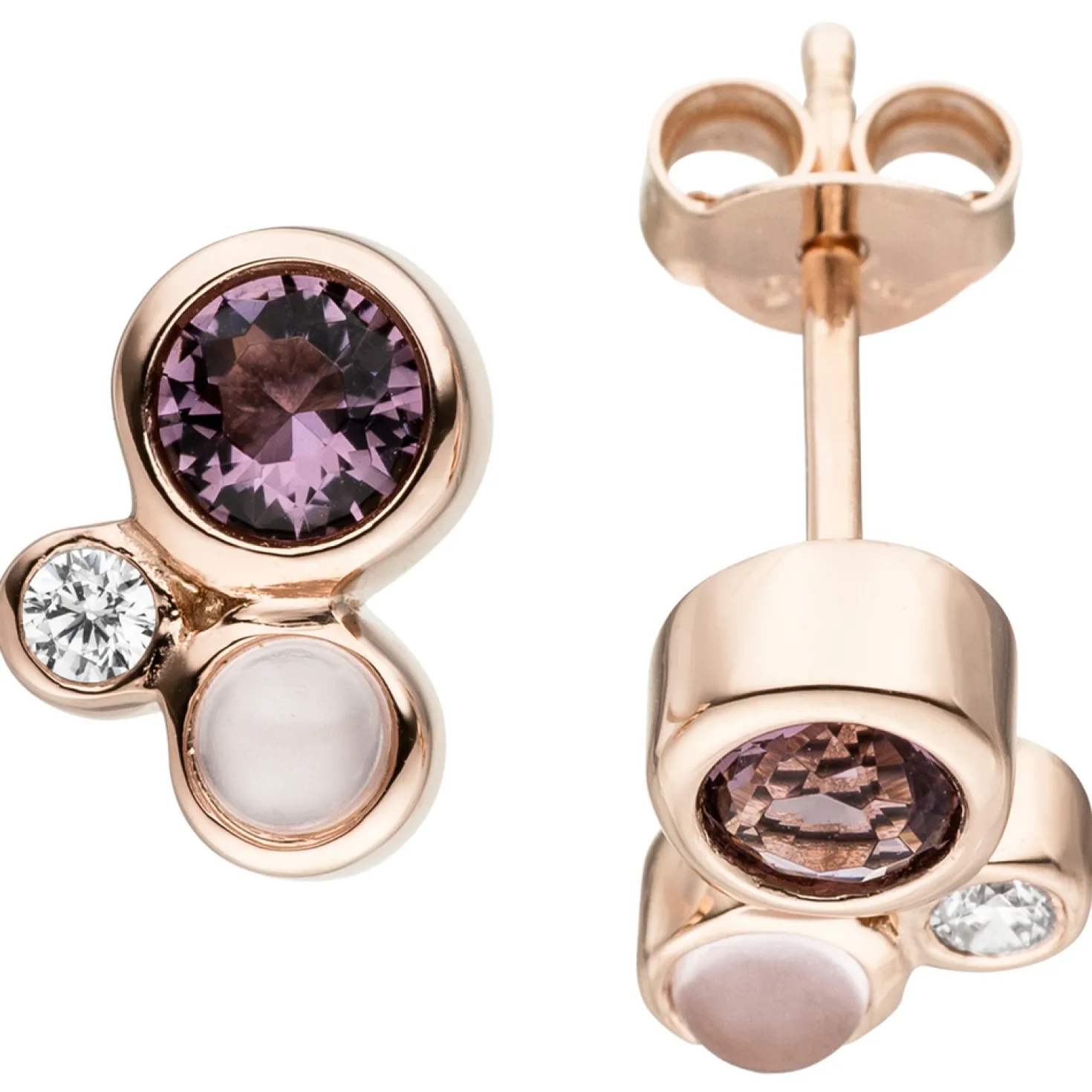 Ohrstecker, Zirkonia lila weiß & Glassteine rosa, 925 Silber Rotgold vergoldet