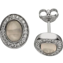 Ovale Ohrstecker Rosenquarz & 44 Zirkonia rundum 925 Silber Ohrringe Ohrschmuck
