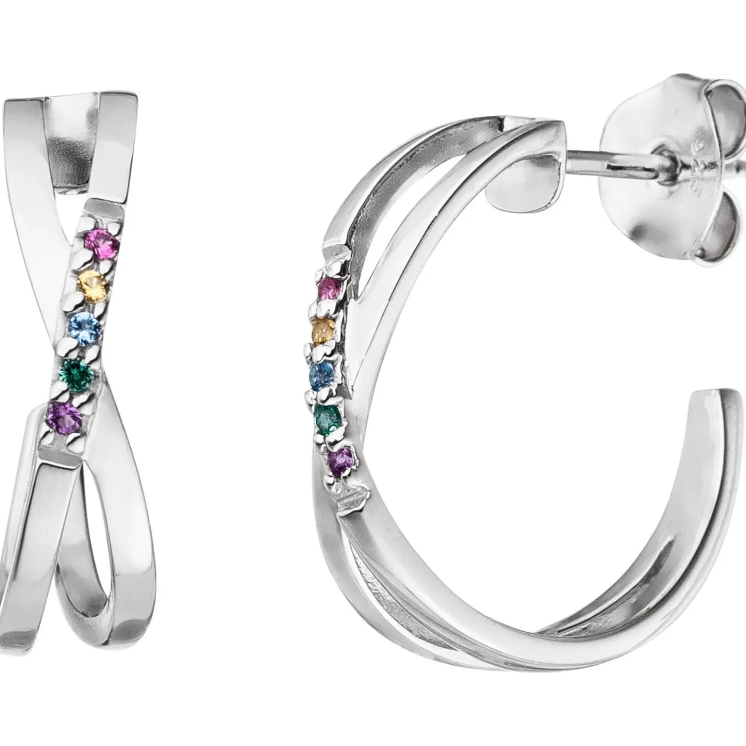 Paar Creolen Halbcreolen 925 Silber mit 10 Zirkonia Farbsteine multicolor