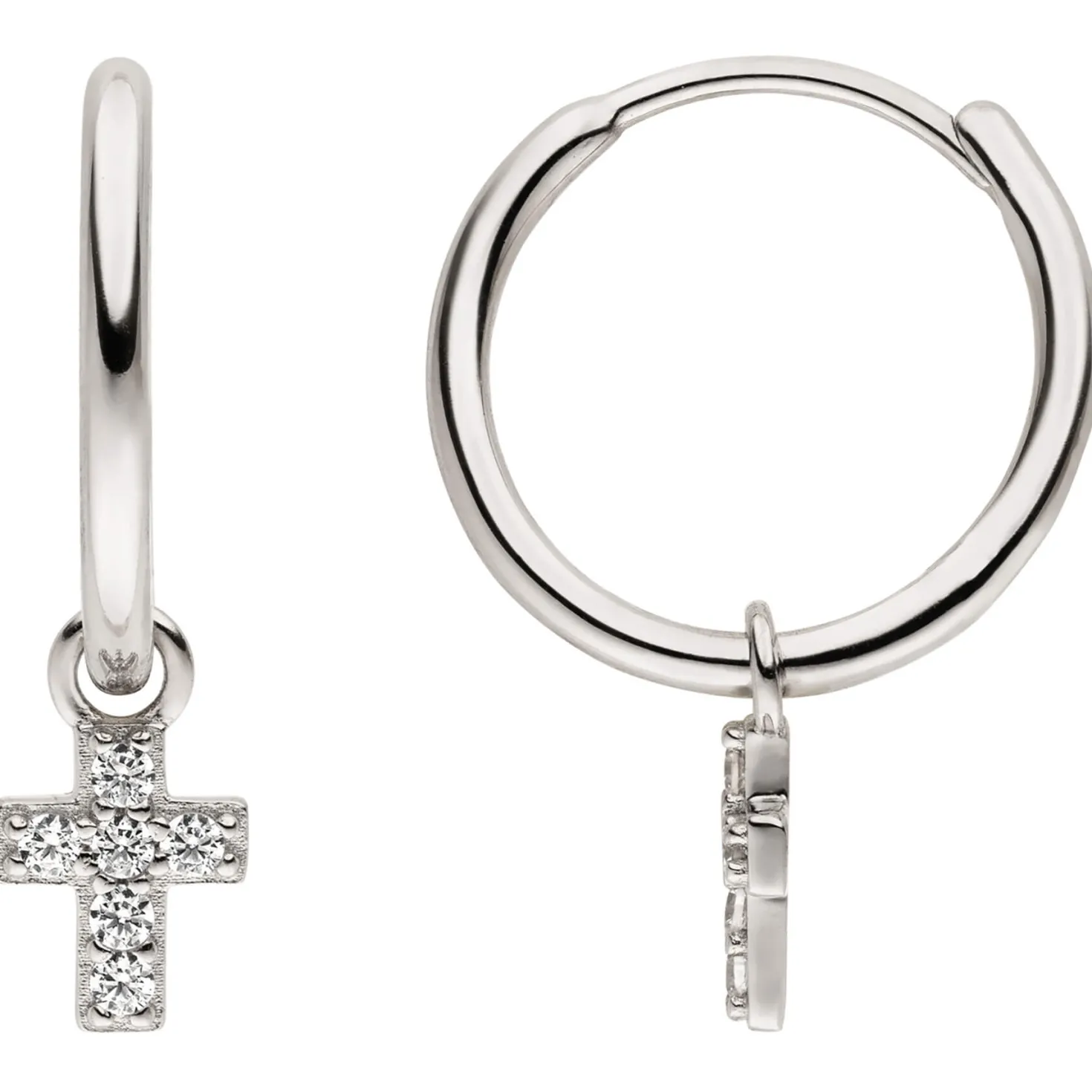 Paar Creolen Kreuz-Einhänger aus 925 Silber mit 12 Zirkonia Ohrringe