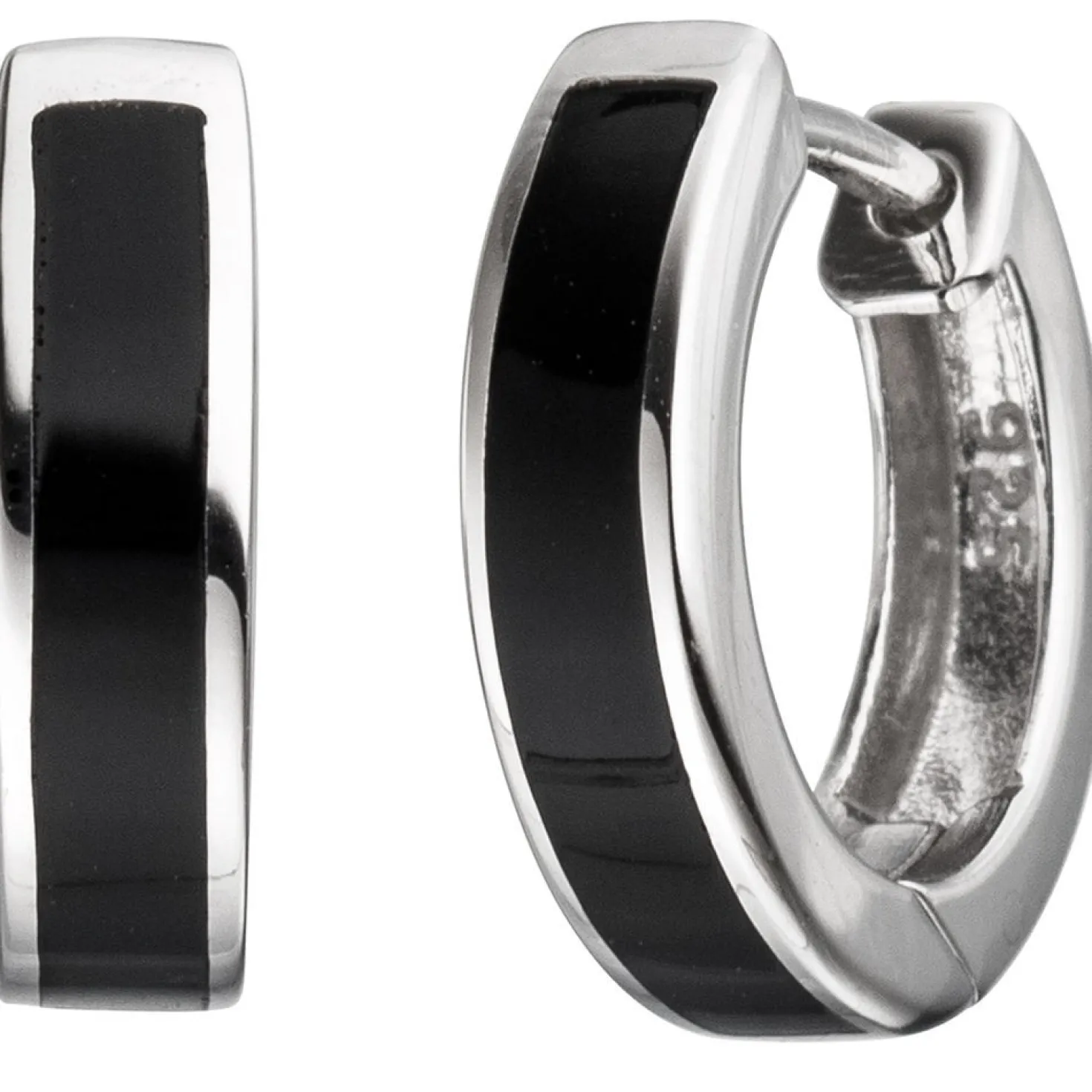 Paar Creolen 14,6mm Ohrringe mit schwarzer Einlage, 925 Silber, rund, Unisex