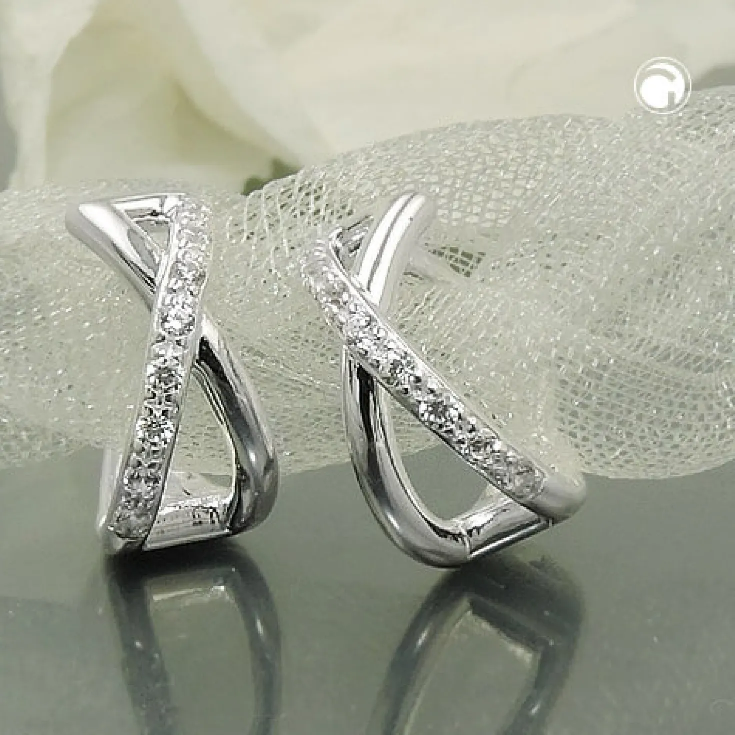 Paar Creolen Ohrringe 11x6mm überkreuzt mit Zirkonia aus 925 Silber