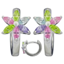 Paar Creolen Ohrringe 13x1,7mm Blüte Zirkonia farbig 925 Silber glänzend Kinder
