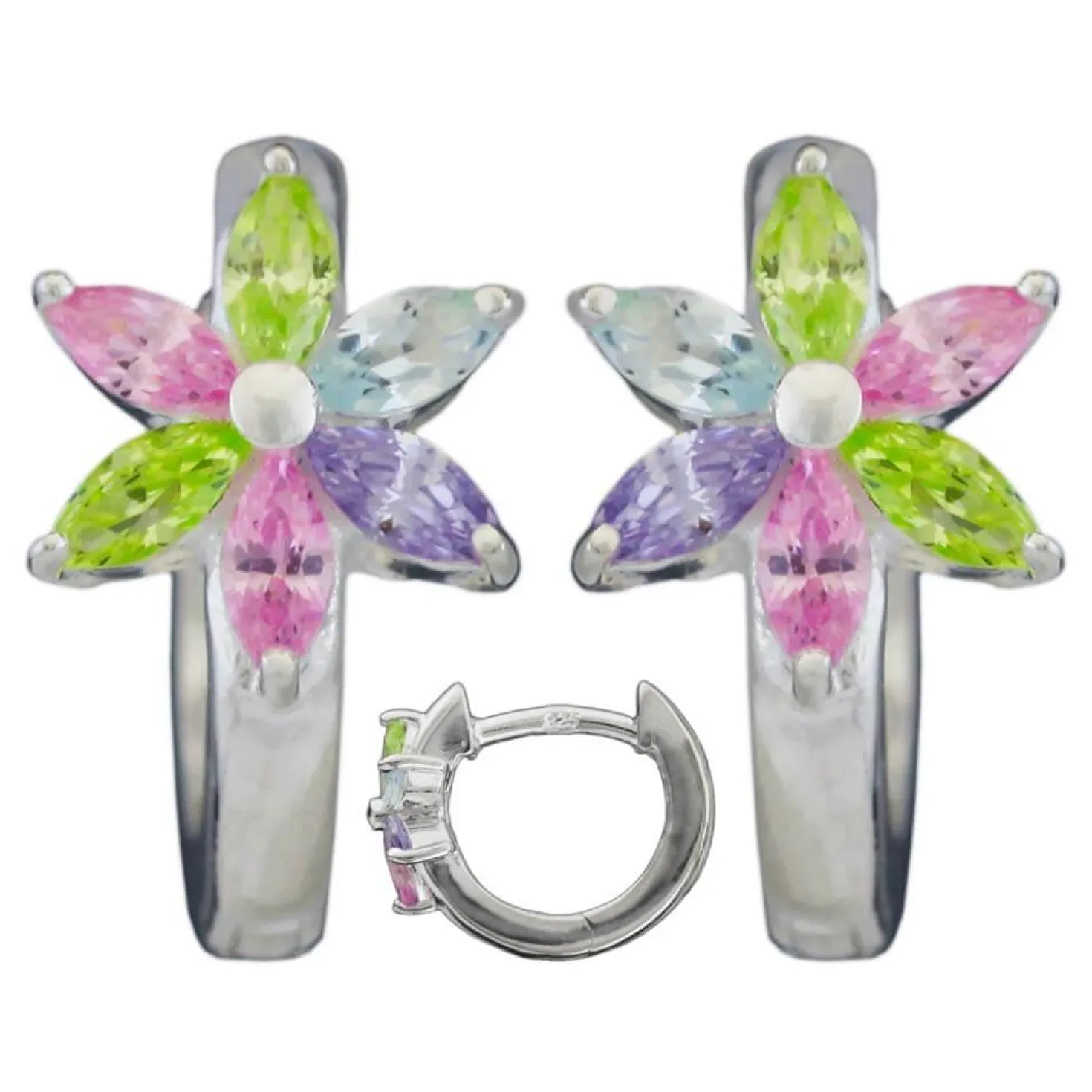 Paar Creolen Ohrringe 13x1,7mm Blüte Zirkonia farbig 925 Silber glänzend Kinder