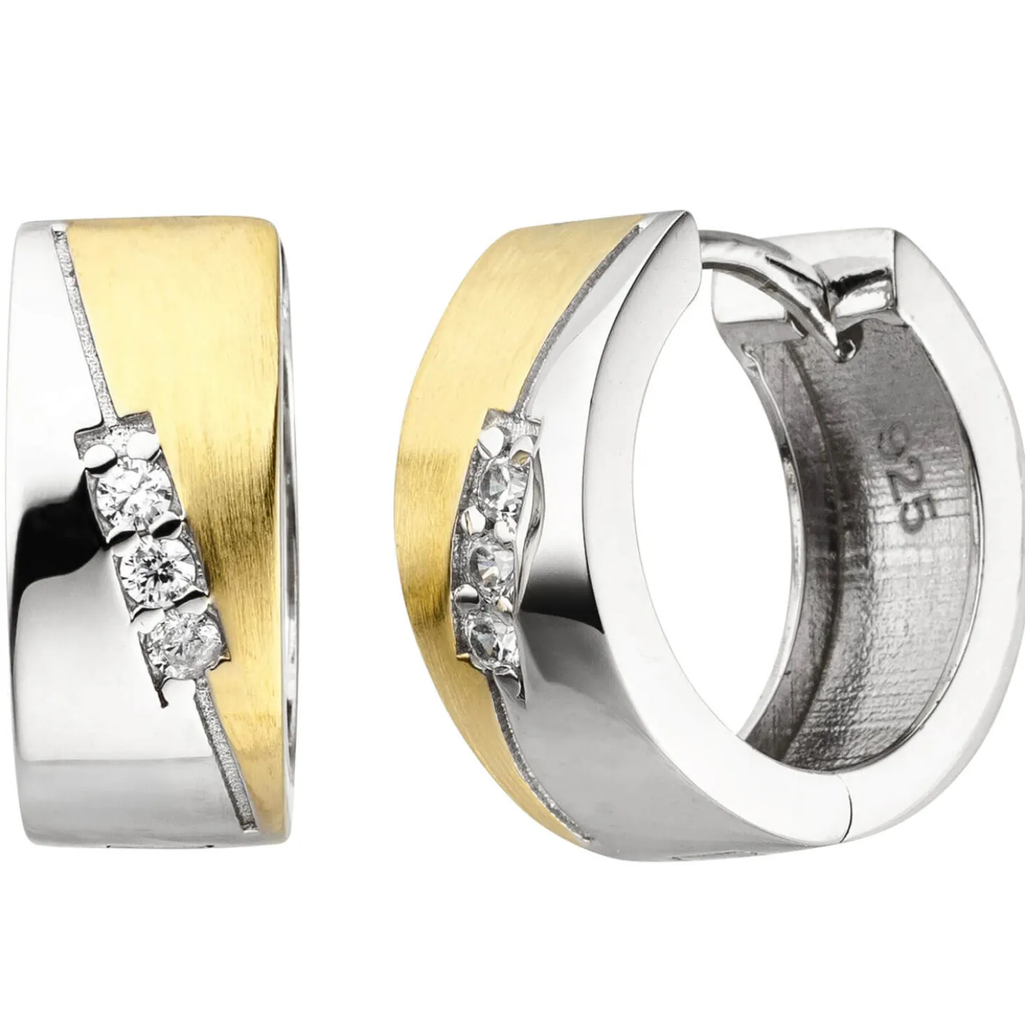 Paar Creolen 14,5x6,3mm aus 925 Silber bicolor vergoldet mit 6 Zirkonia Ohrringe