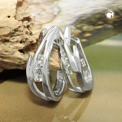 Paar Creolen 17x5mm mit Zirkonia aus 925 Silber matt-rhodiniert glänzend