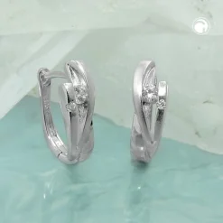 Paar Creolen 14x5mm mit Zirkonia 925 Silber matt-rhodiniert glänzend