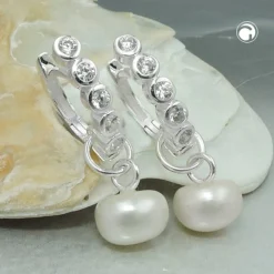 Paar Creolen 24x3mm 7mm halbrunden Süßwasserperlen & 10 Zirkonia 925 Silber