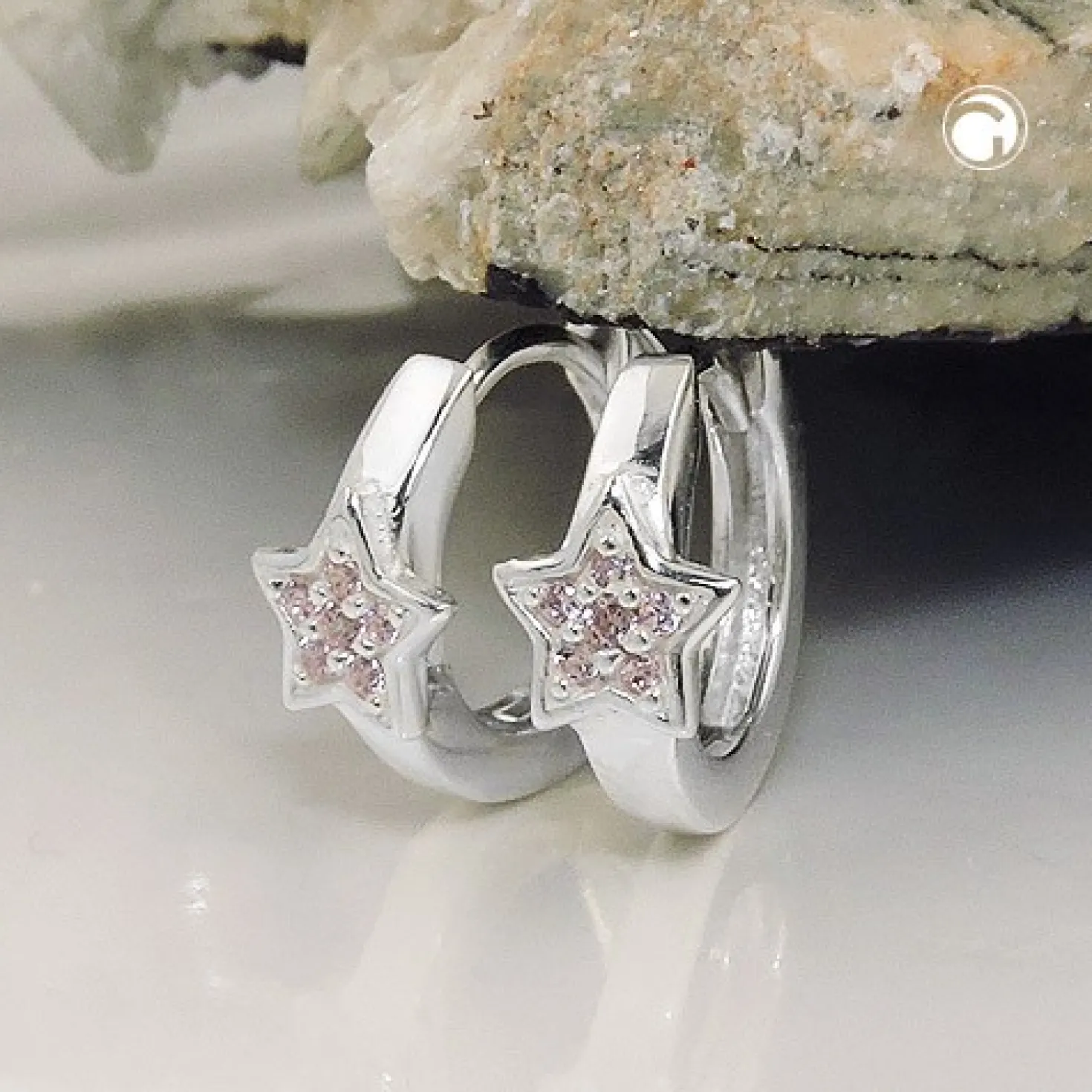 Paar -Creolen 12x2mm Ohrringe Sterne Sternchen mit pink Zirkonia 925 Silber
