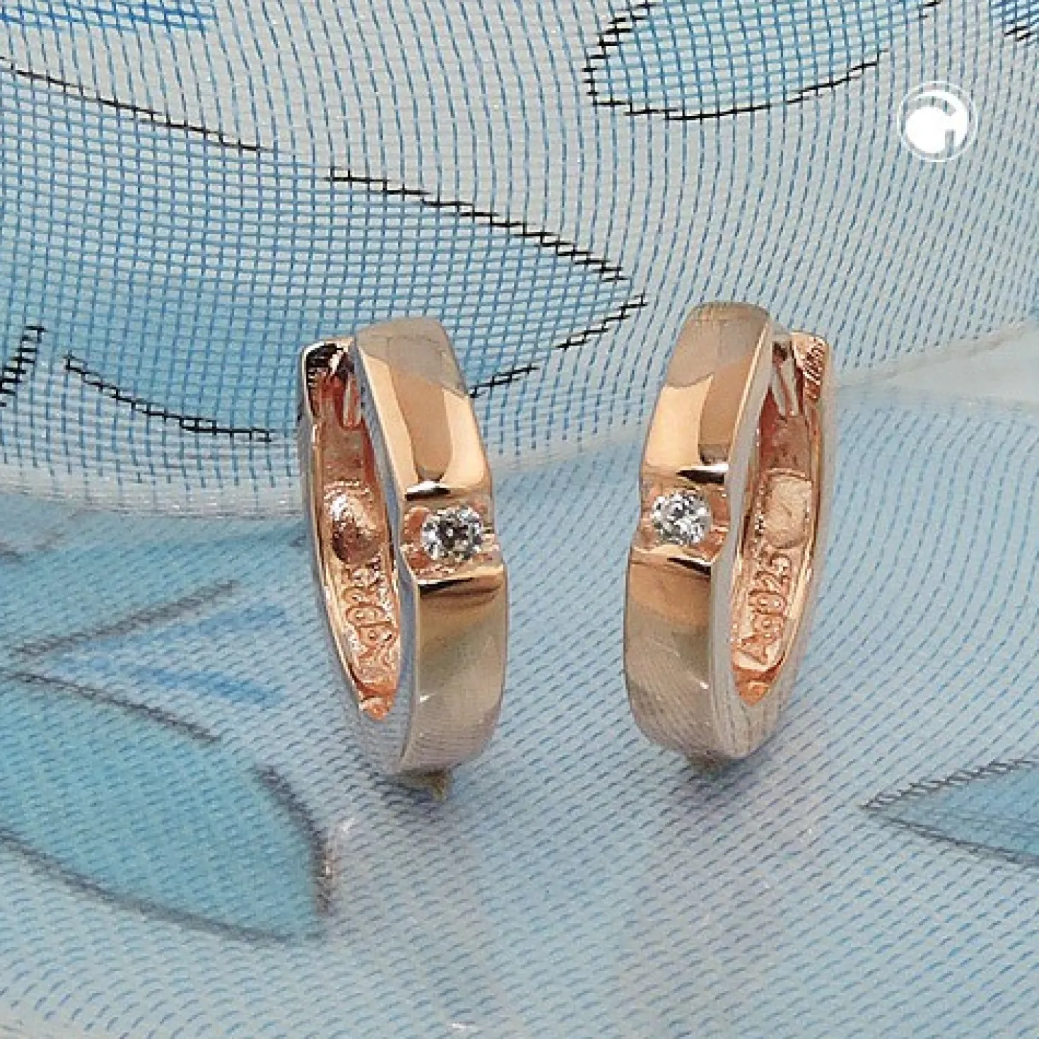 Paar Creolen 12x2mm Ohrringe, Zirkonia weiß, 925 Silber Rotgold vergoldet