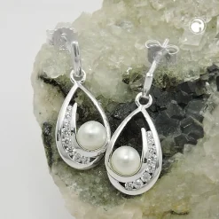 Paar Hängerstecker Ohrhänger 20x9mm Süßwasser-Zuchtperle mit Zirkonia 925 Silber
